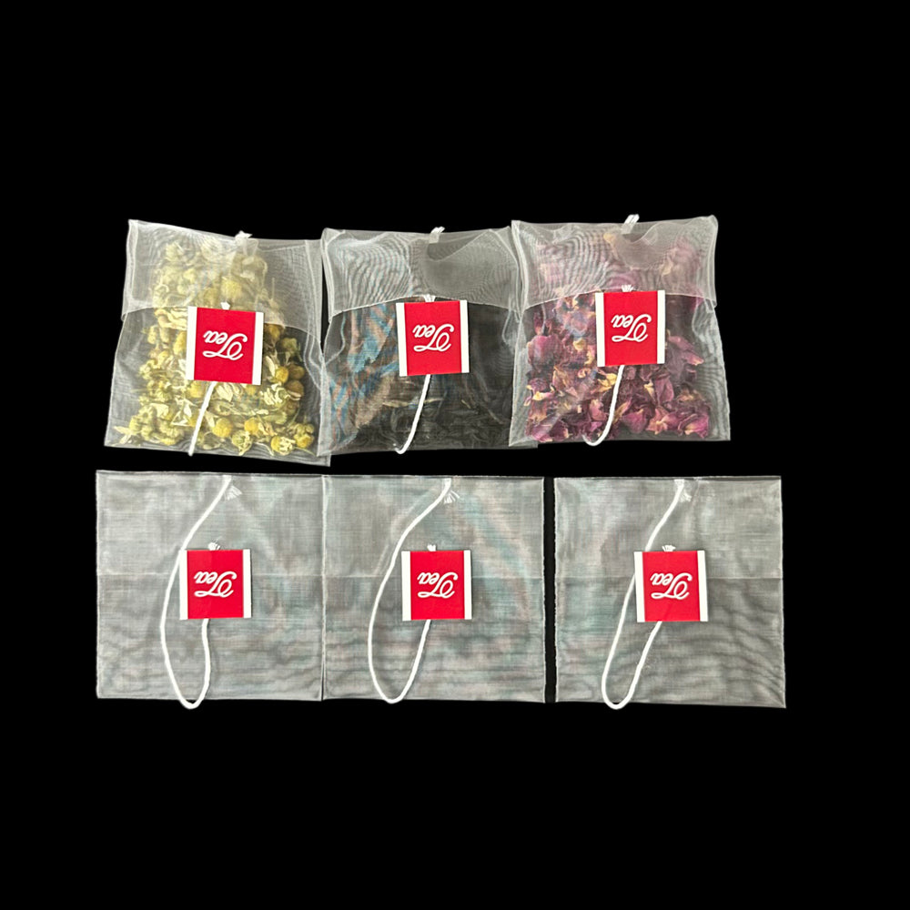 Empty Nylon disposable reverse-fold teabag with string and tag