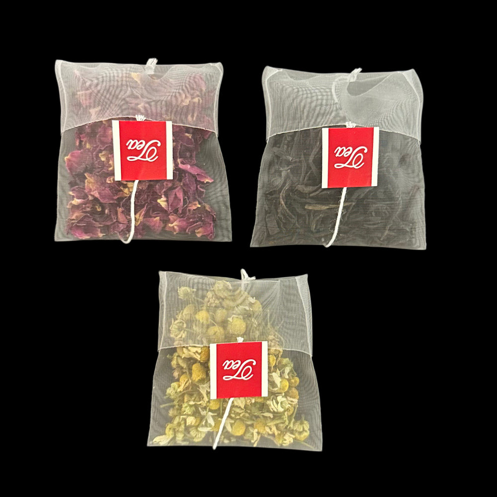 Empty Nylon disposable reverse-fold teabag with string and tag